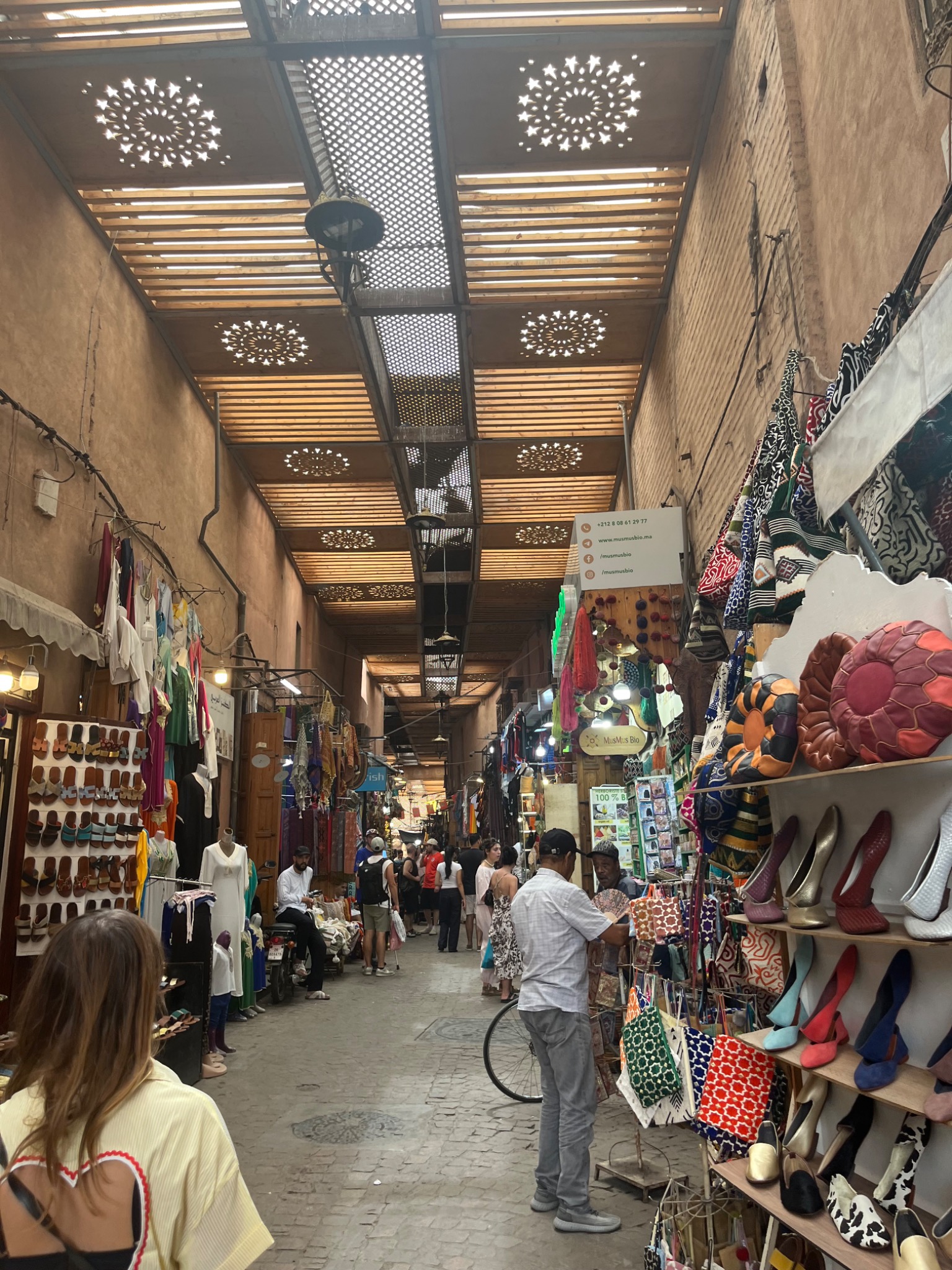 A traditional covered market street in Marrakech